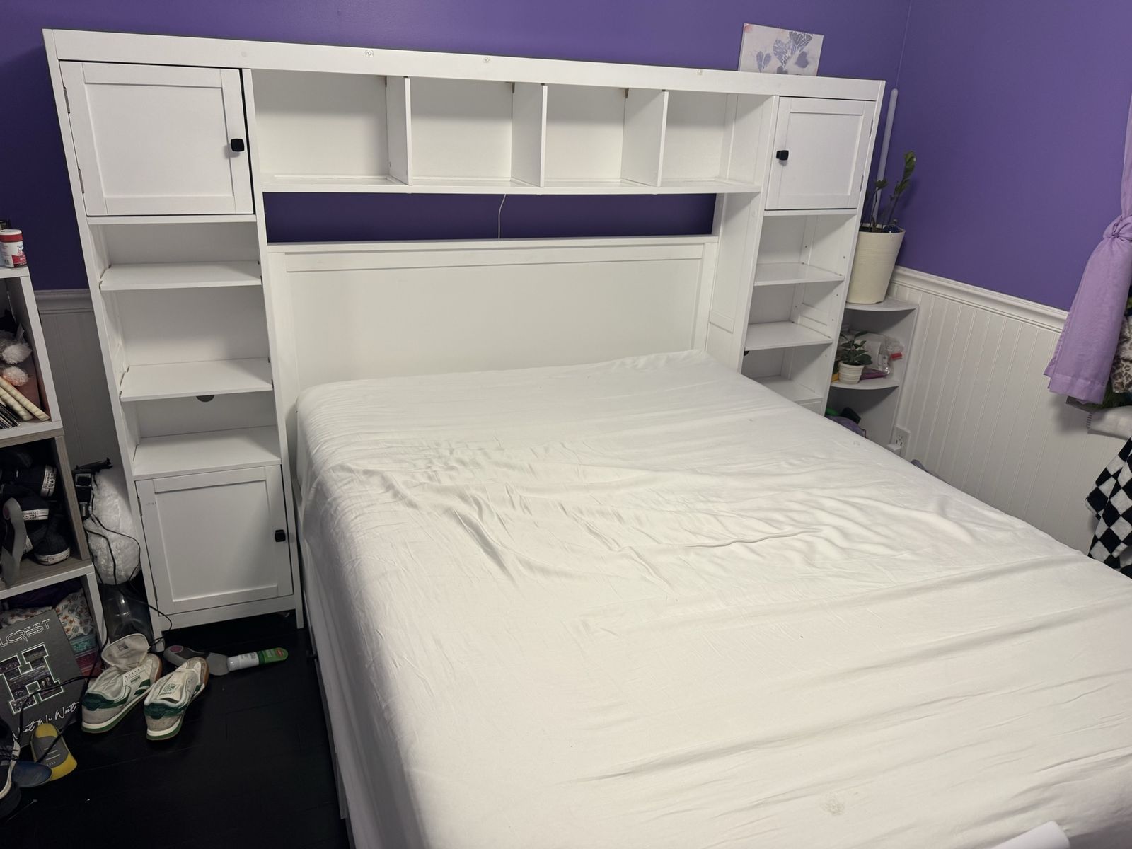 White Full Size Headboard with Storage Shelves and Cabinets