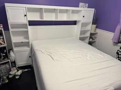 White Full Size Headboard with Storage Shelves and Cabinets