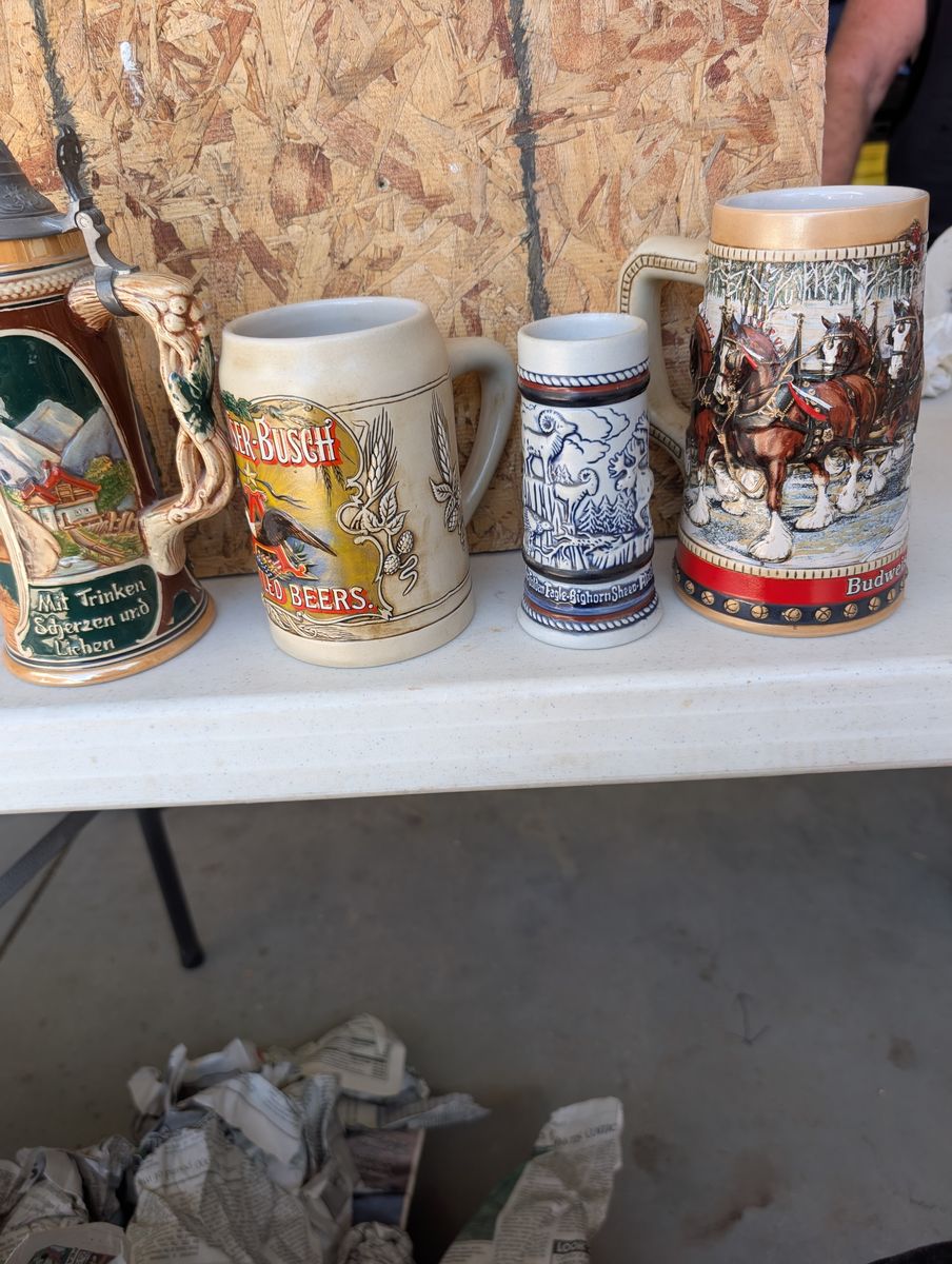 Vintage Beer Stein and Mug Collection Set of 4 Featuring Budweiser and German Designs