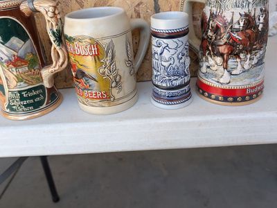 Vintage Beer Stein and Mug Collection Set of 4 Featuring Budweiser and German Designs
