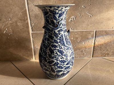 Blue & White Chinoiserie Vase Raised Dragon Broken