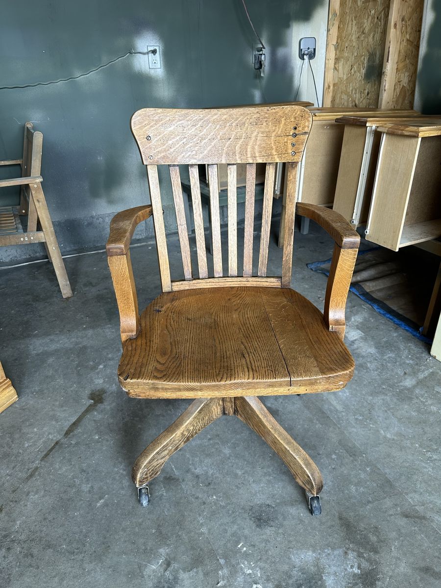 Vintage Antique Wooden Banker's Desk Chair Rolling Swivel
