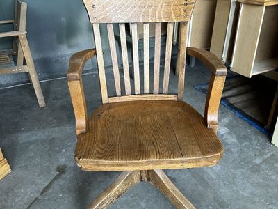 Vintage Antique Wooden Banker's Desk Chair Rolling Swivel