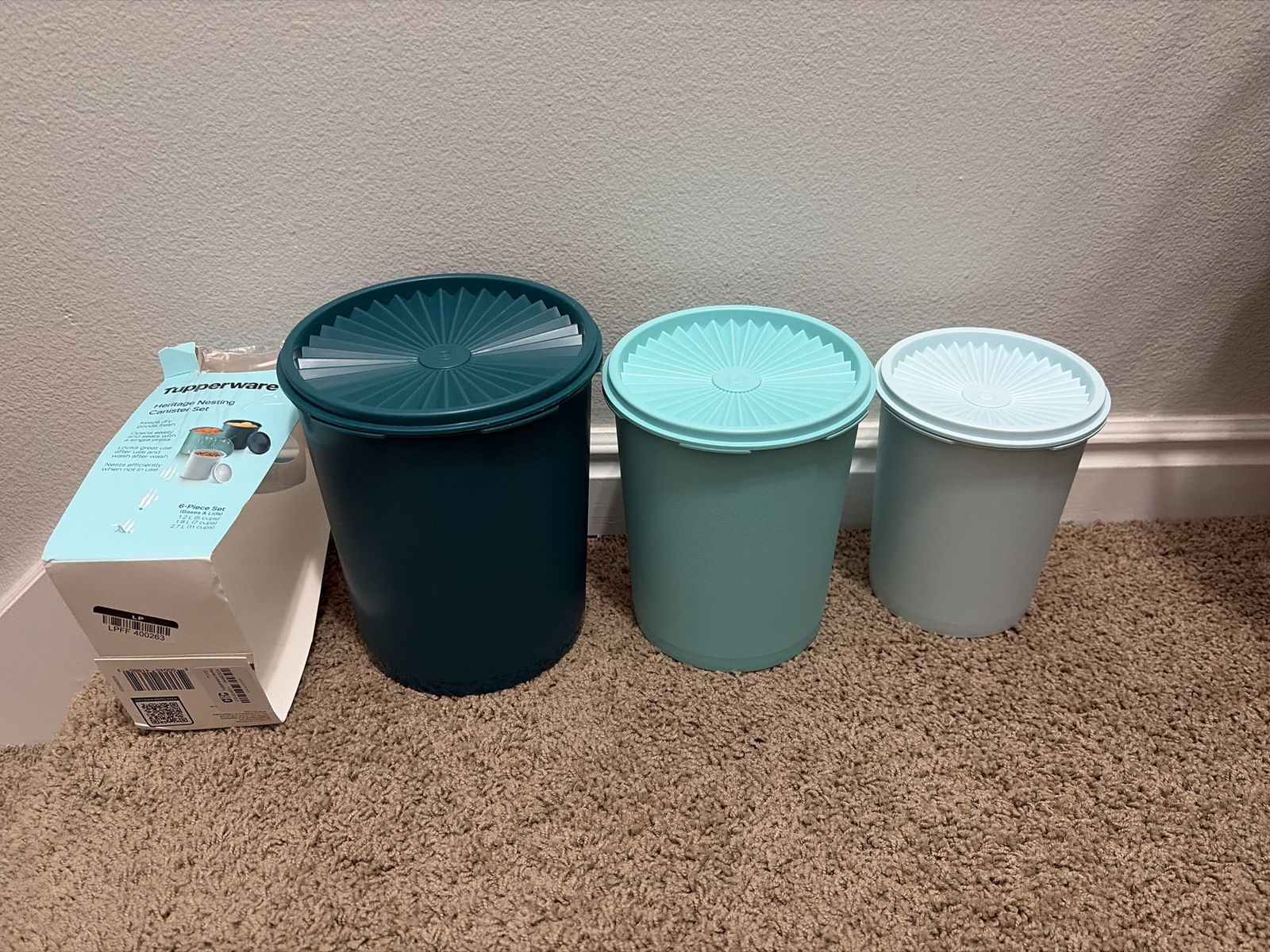 Tupperware Heritage Nesting Canister Set - 6-Piece, Teal/Aqua/Light Blue, New in Box