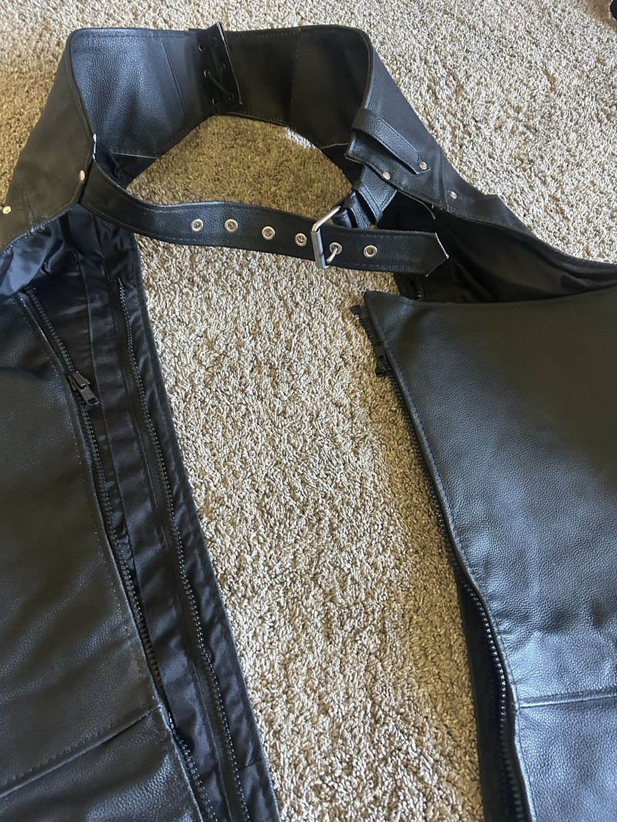 Black Leather Motorcycle Chaps - Adjustable Belt & Snap Closures