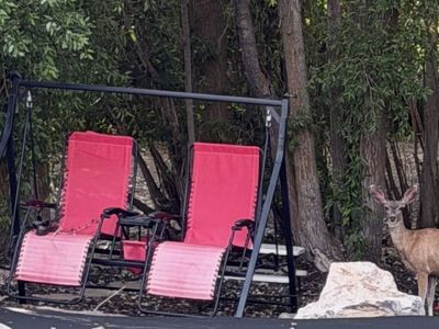 Outdoor Patio Swing with Two Red Chairs - Durable Metal Frame, Comfortable Seating