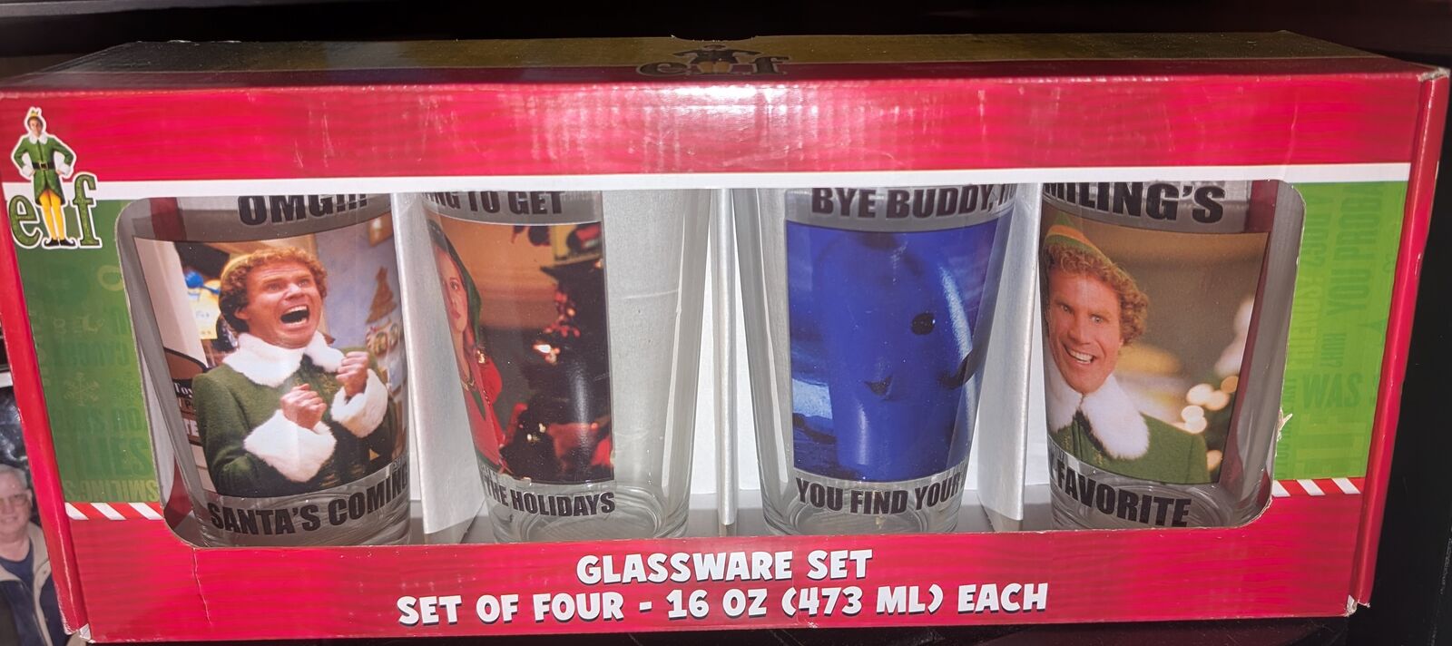 NEW Buddy The ELF Movie Glassware Set (4) 16 oz Warner Bros - Glass Cups - Christmas
