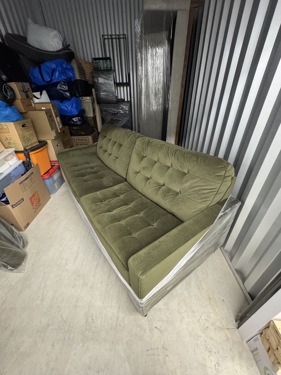 Olive Green Tufted Sofa – Mid-Century Style (1 Year Old)