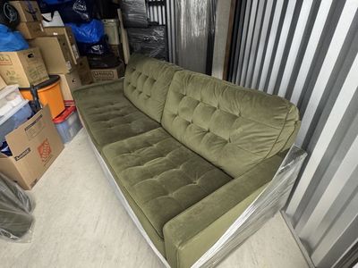 Olive Green Tufted Sofa – Mid-Century Style (1 Year Old)