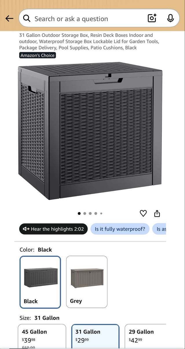 31 Gallon Outdoor Storage Box Resin Deck Box in Black with Lockable Lid brand new still in box