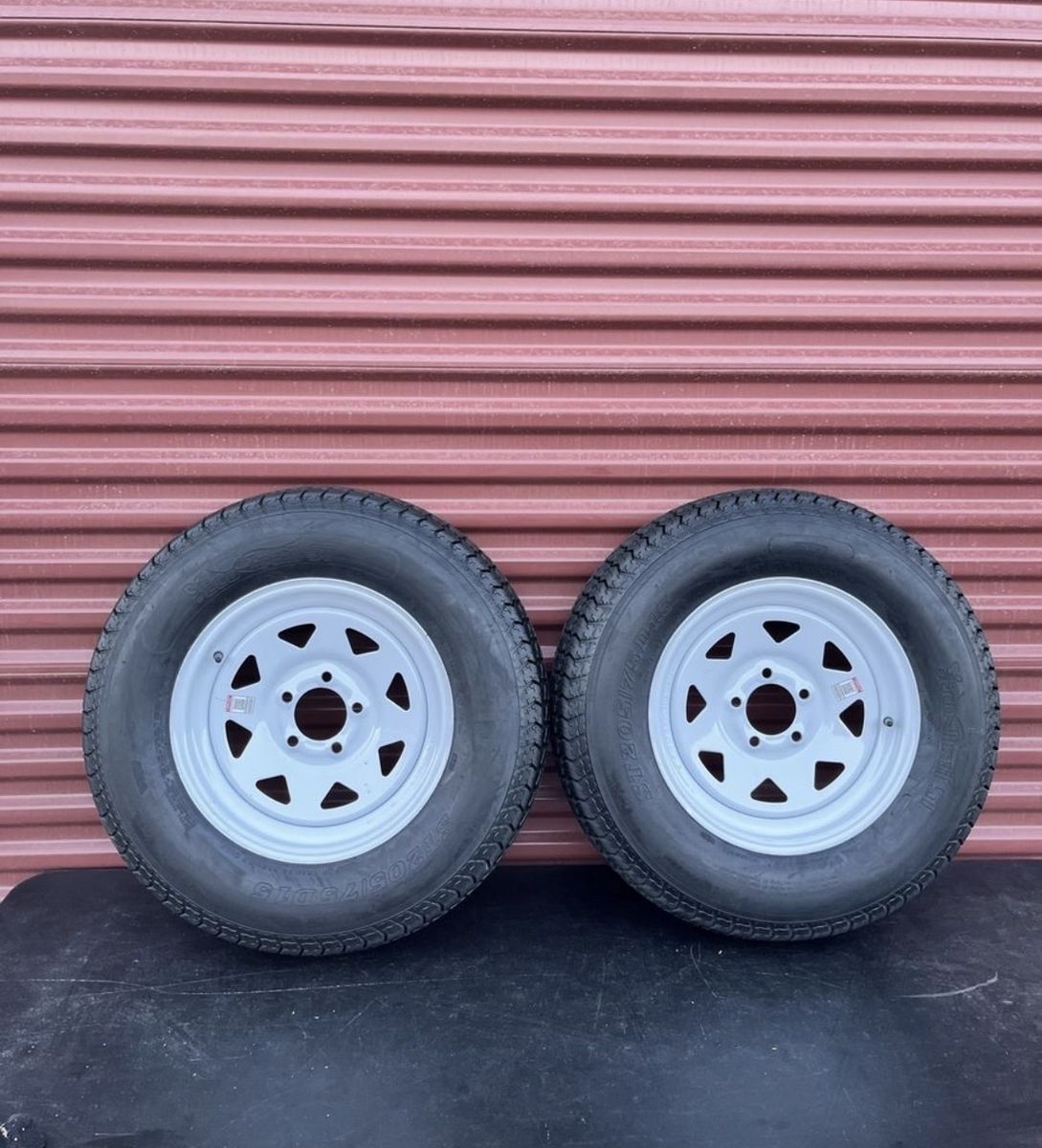 Set of 2 Eco Trail ST 205/75 D 15 Trailer Tires Mounted on New White Spoke Wheels 5 on 4.5 Pattern. Brand New