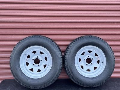 Set of 2 Eco Trail ST 205/75 D 15 Trailer Tires Mounted on New White Spoke Wheels 5 on 4.5 Pattern. Brand New