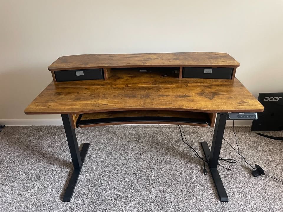 Electric Sit to Stand Desk with Shelf, Storage Drawers and Keyboard Tray - Excellent Condition