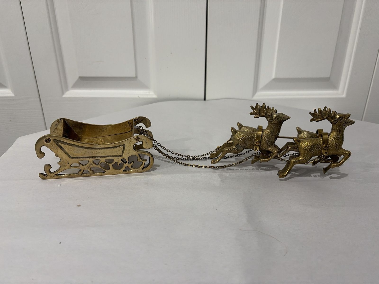 Vintage Solid Brass Santa Sleigh with Reindeer Christmas Centerpiece Table Decor