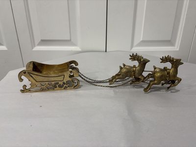 Vintage Solid Brass Santa Sleigh with Reindeer Christmas Centerpiece Table Decor
