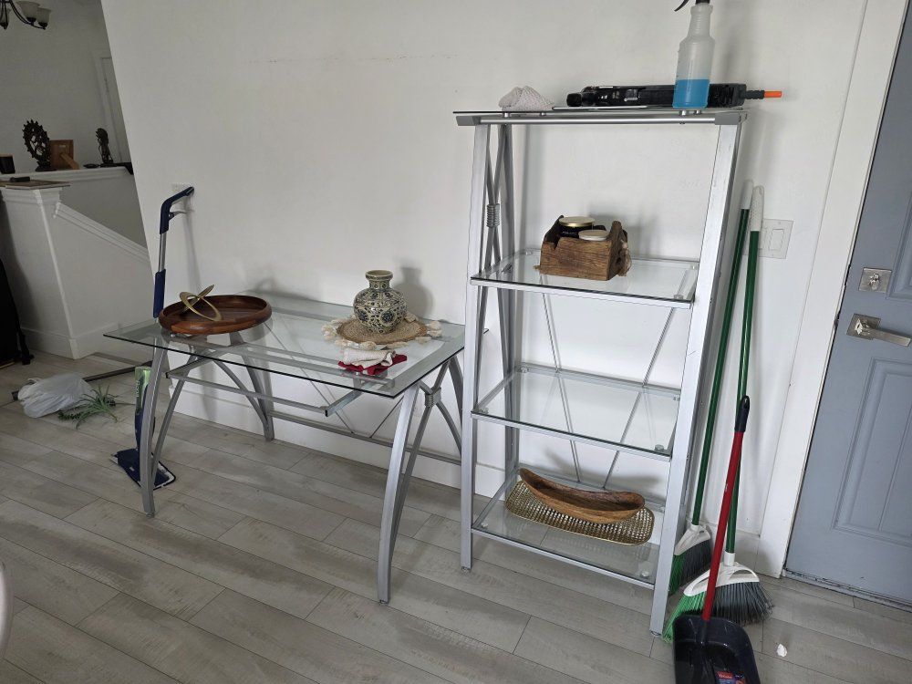 Glass Top Desk and Matching Glass Book Shelf  - Silver Metal Frame