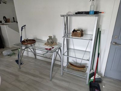 Glass Top Desk and Matching Glass Book Shelf - Silver Metal Frame