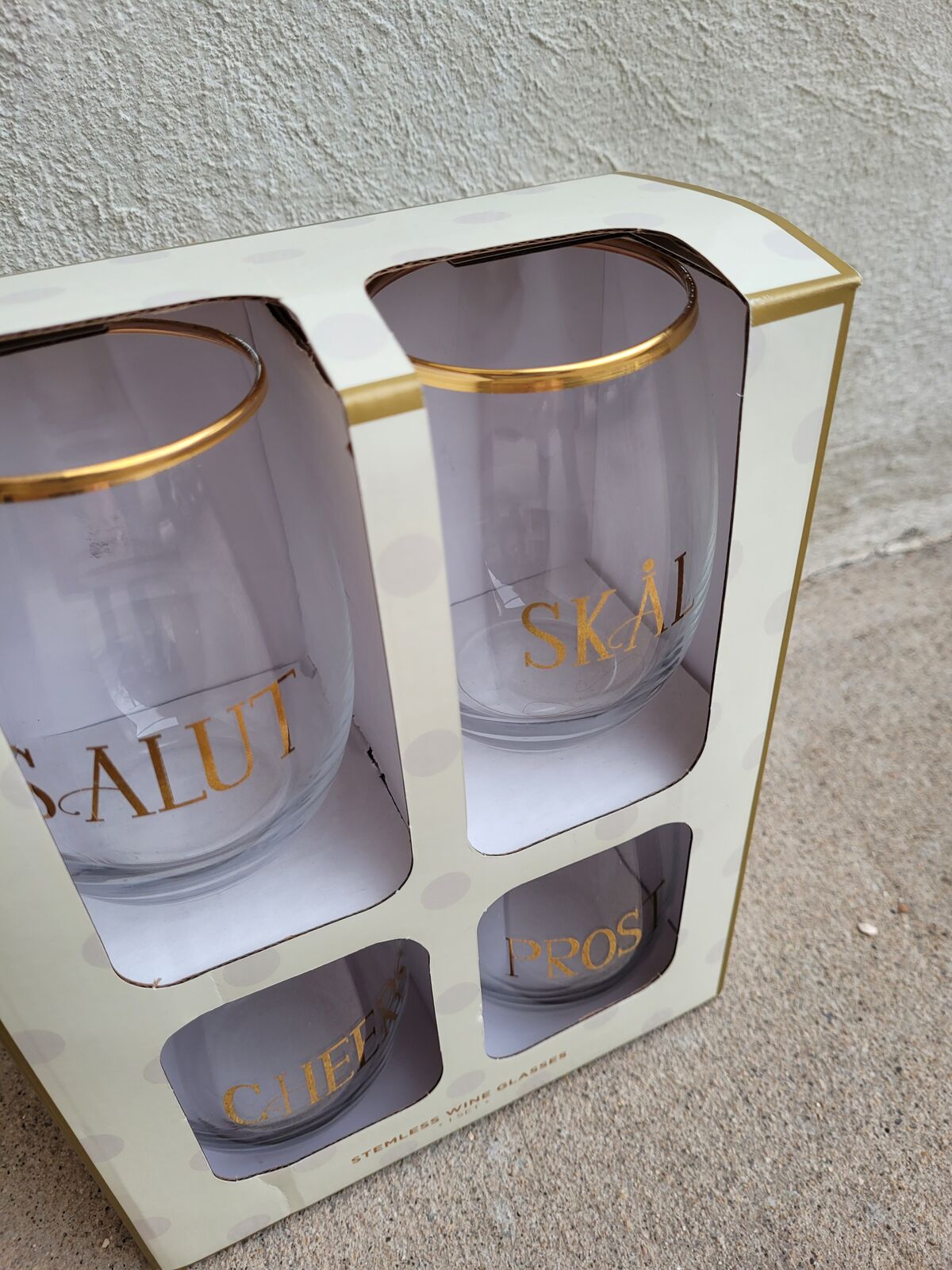 NEW Cheers, Prost, Salut, Skal Gold Edged Stemless Wine Glassware