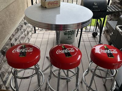 Coca-Cola Diner Style Table & 3 Stools Set - Retro Chrome & Red Seating for Kitchen/Bar