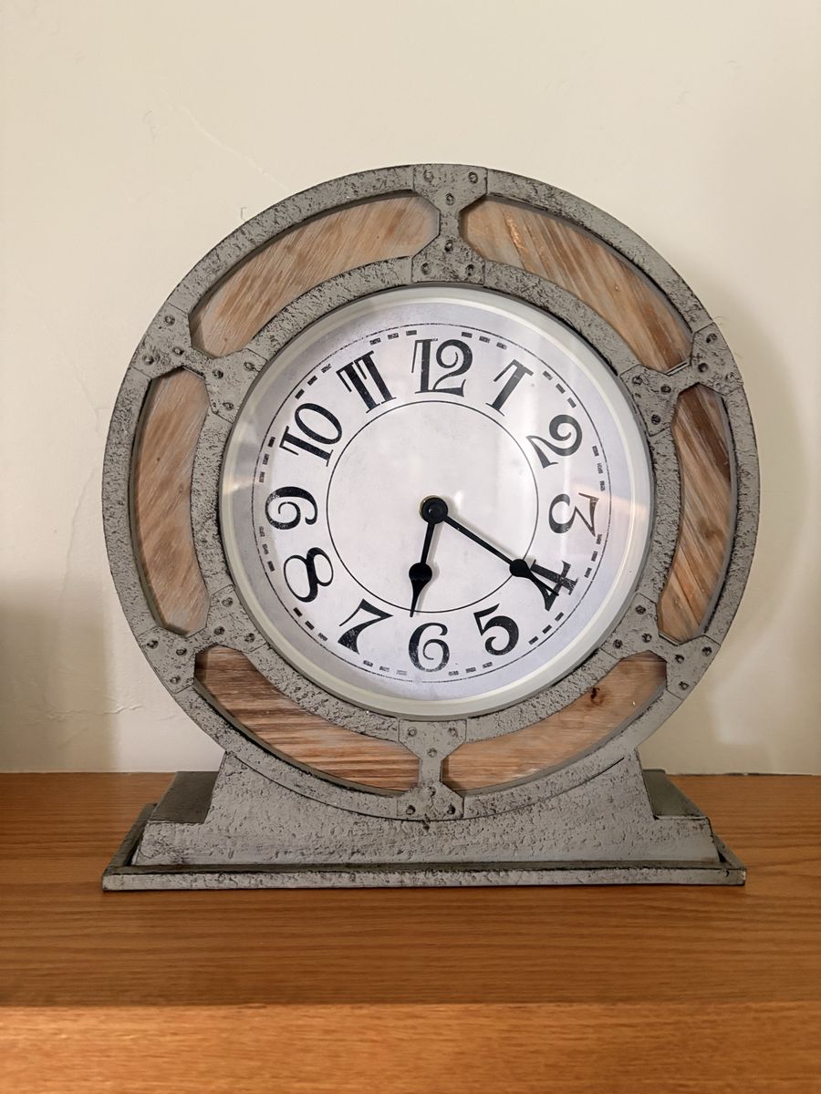 Industrial Style Tabletop Clock with Gray Distressed Frame and Wood Accent