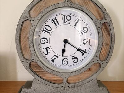 Industrial Style Tabletop Clock with Gray Distressed Frame and Wood Accent