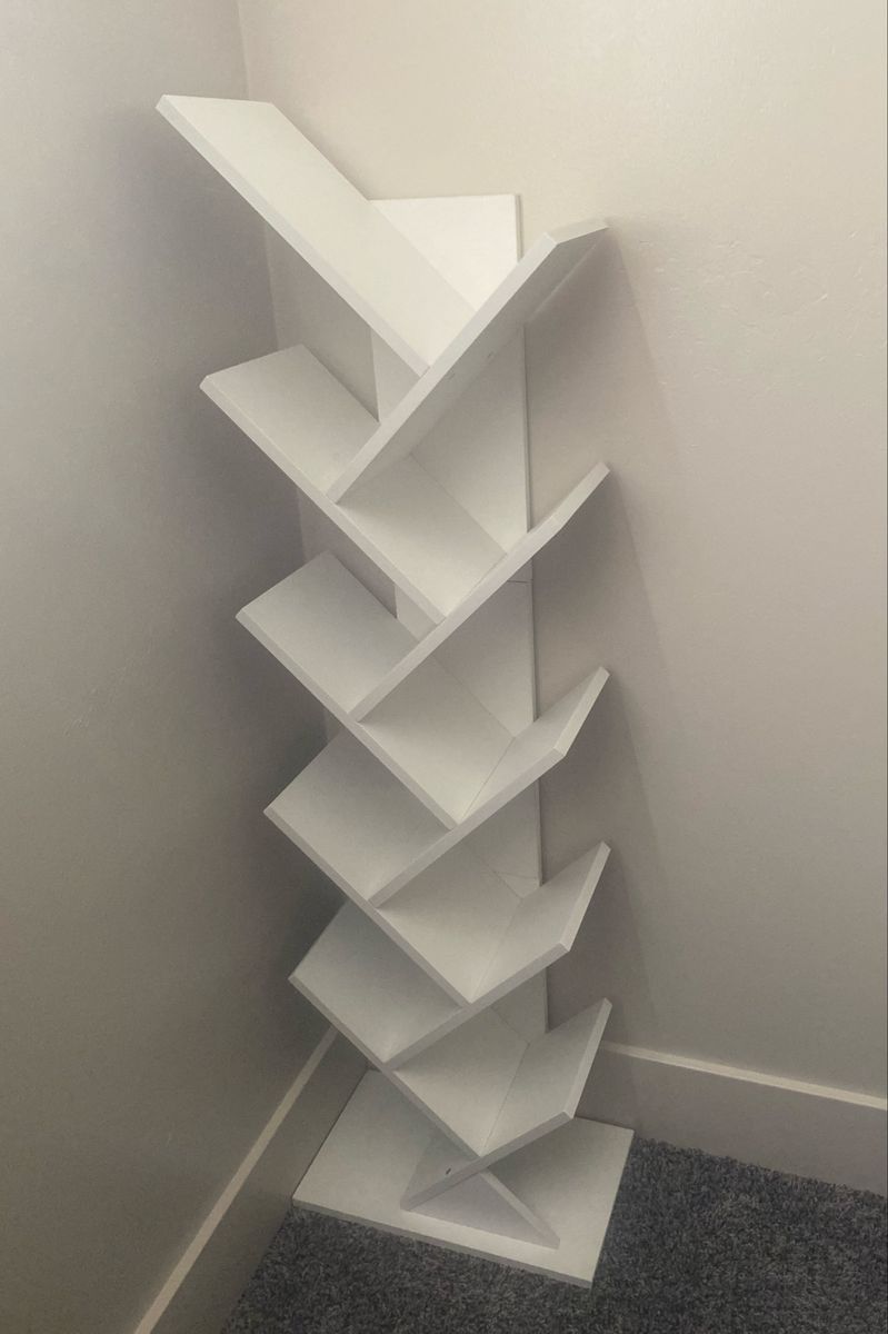 10 tier white tree book shelf for narrow spaces.