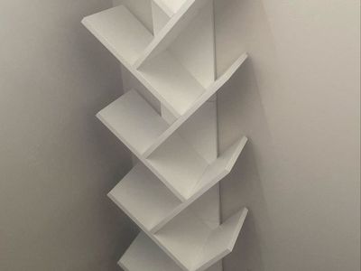 10 tier white tree book shelf for narrow spaces.