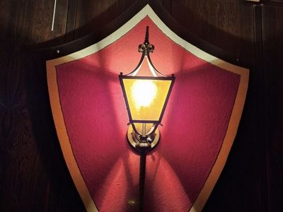Vintage Shield Lantern Sconce for indoor. 36" wide x 48" tall. Lantern 30" tall. 4 at $150 Each.