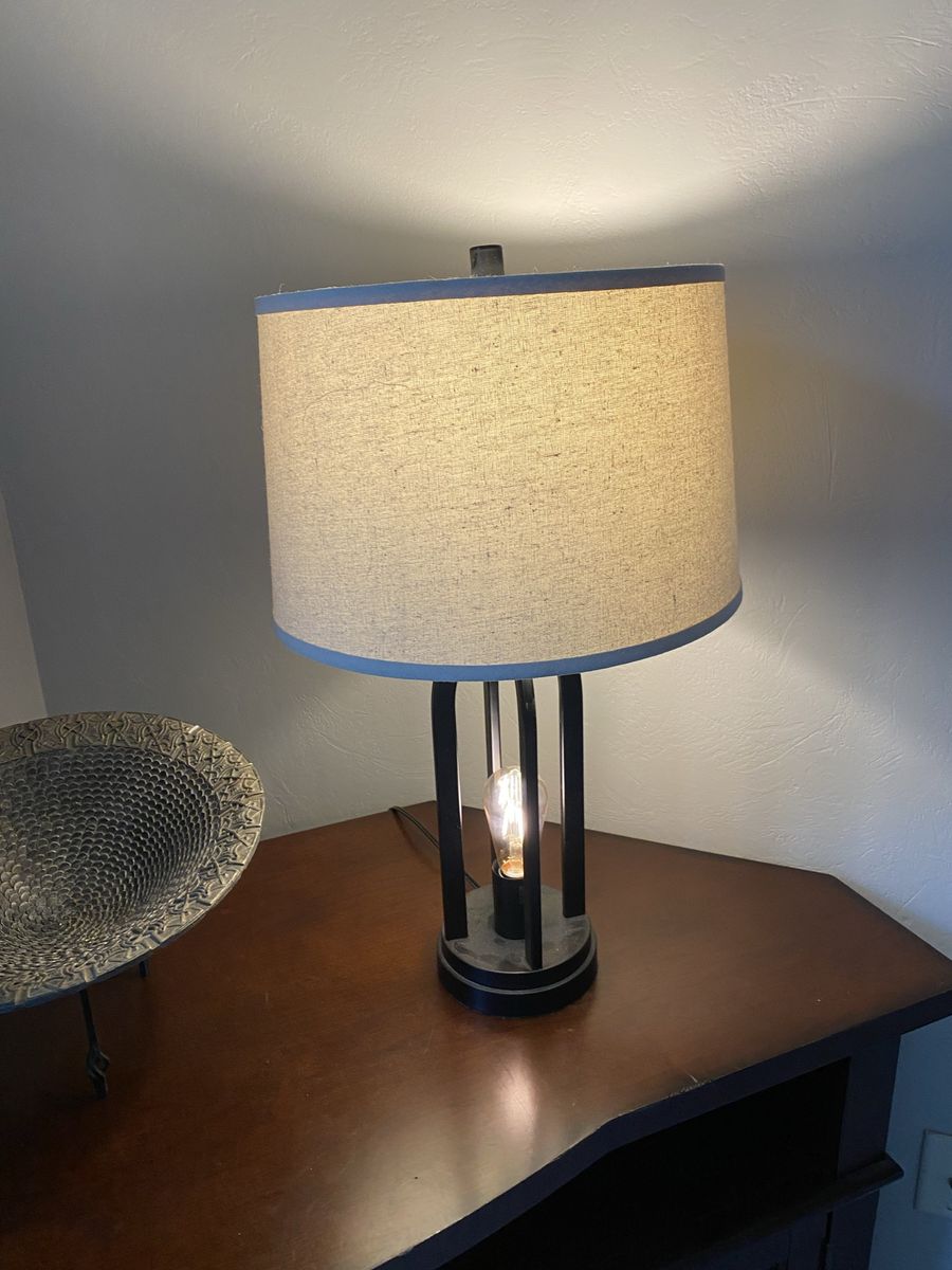 3 Industrial Farmhouse Table Lamps w/ Vintage Edison Led Light Bulb at base. Beige Linen Shade, Drk Bronze Metal Frame. USB port
