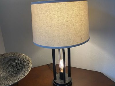 3 Industrial Farmhouse Table Lamps w/ Vintage Edison Led Light Bulb at base. Beige Linen Shade, Drk Bronze Metal Frame. USB port