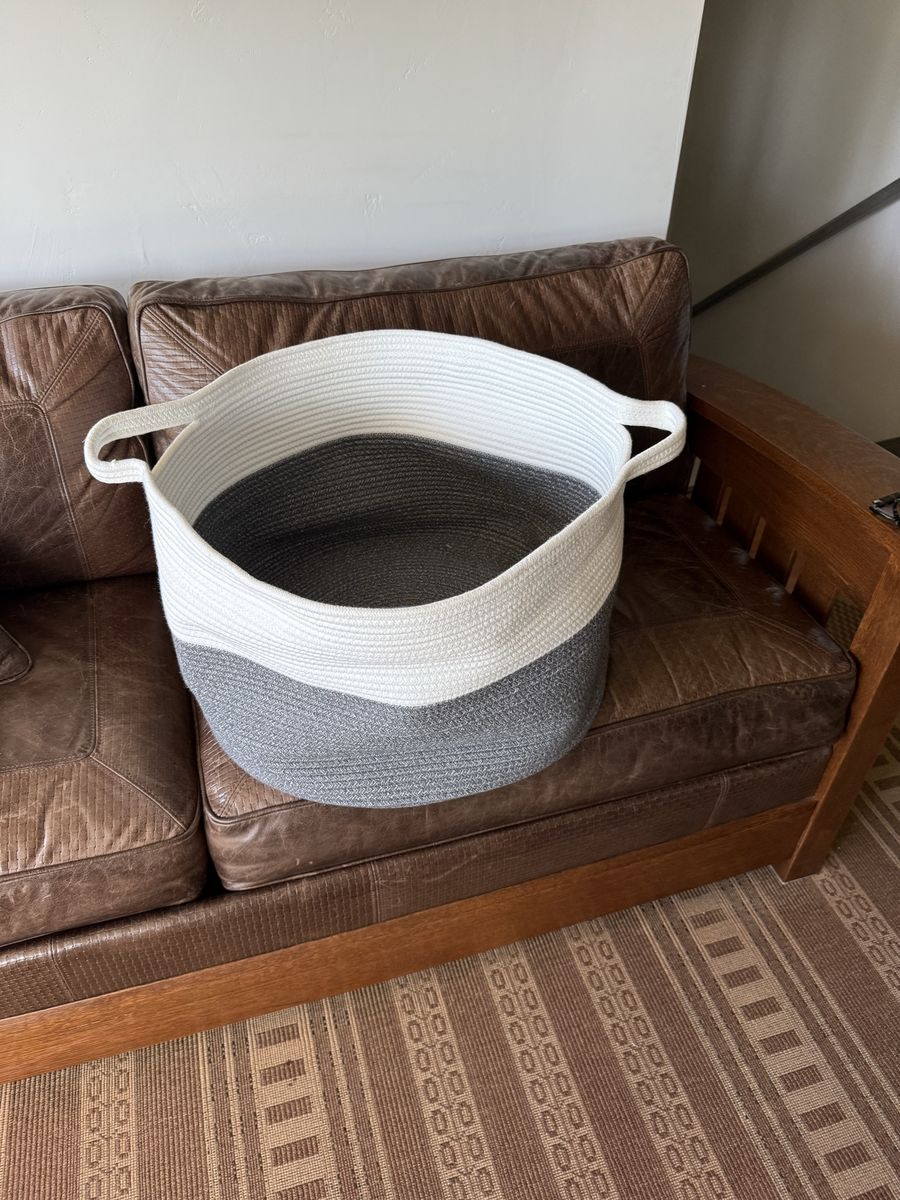 Large Round White & Gray Cotton Rope Storage Basket with Handles