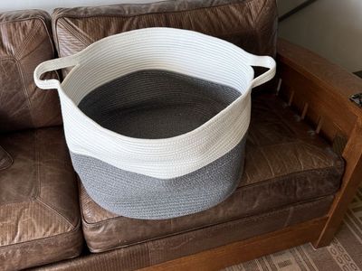 Large Round White & Gray Cotton Rope Storage Basket with Handles