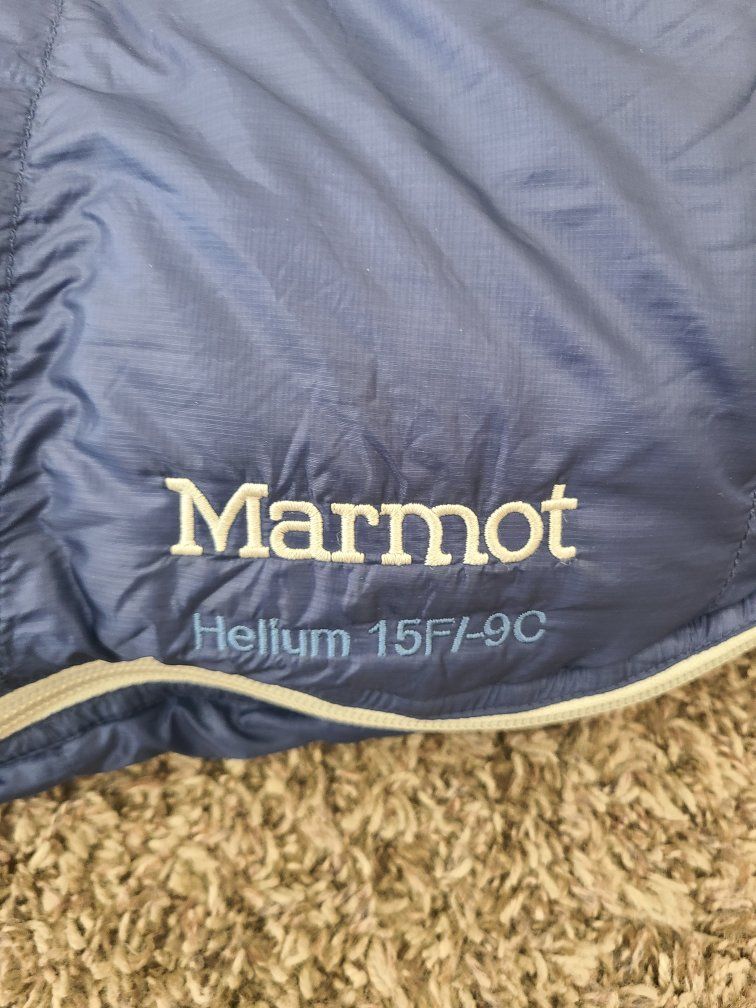 Marmot Helium 15F/-9C Down Sleeping Bag Long Left Zip Blue with Storage Sack