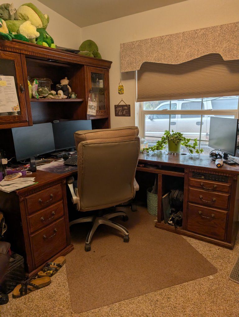Oak Finish L-Shaped Computer Desk with Hutch and File Cabinet