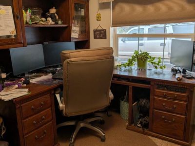 Oak Finish L-Shaped Computer Desk with Hutch and File Cabinet