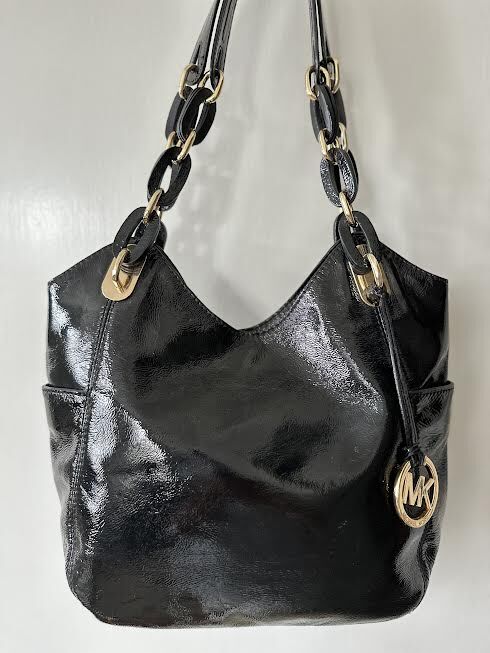 Michael Kors Black Patent Hobo Shoulder Bag Gold Chain