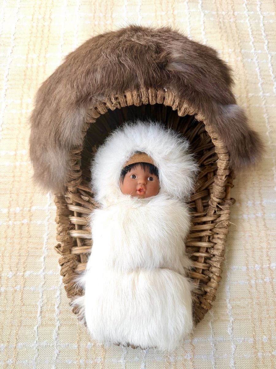 Vintage Native American Style Baby Doll in Fur Trimmed Woven Cradleboard