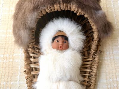 Vintage Native American Style Baby Doll in Fur Trimmed Woven Cradleboard