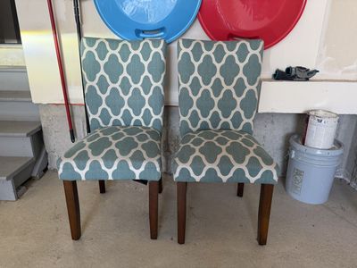 Set of 2 Upholstered Dining Chairs - Teal & Cream Geometric Pattern, Wood Legs