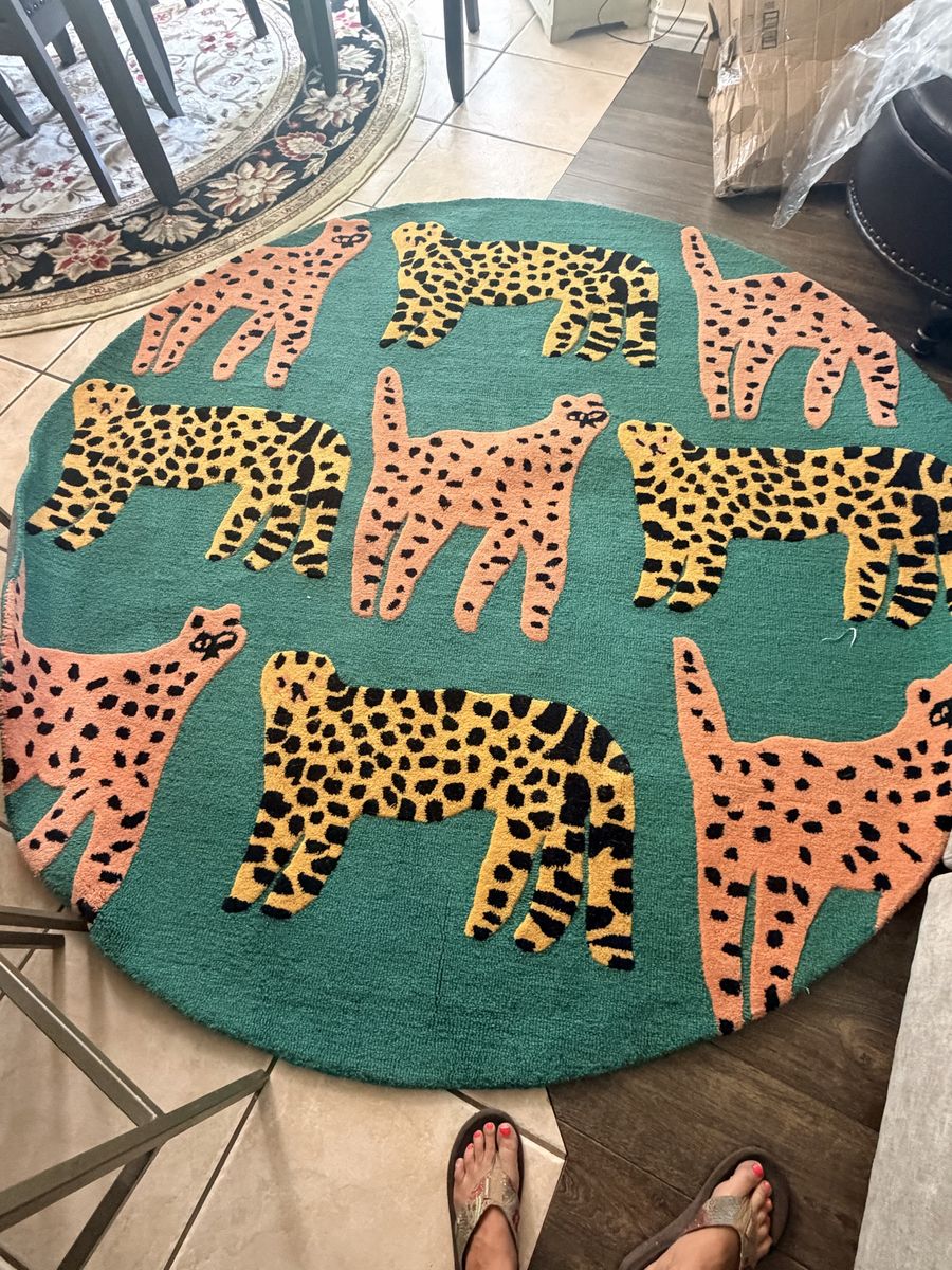 Round Teal Leopard Print Area Rug, Animal Pattern Decor, 7ft Diameter
