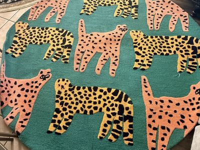 Round Teal Leopard Print Area Rug, Animal Pattern Decor, 7ft Diameter