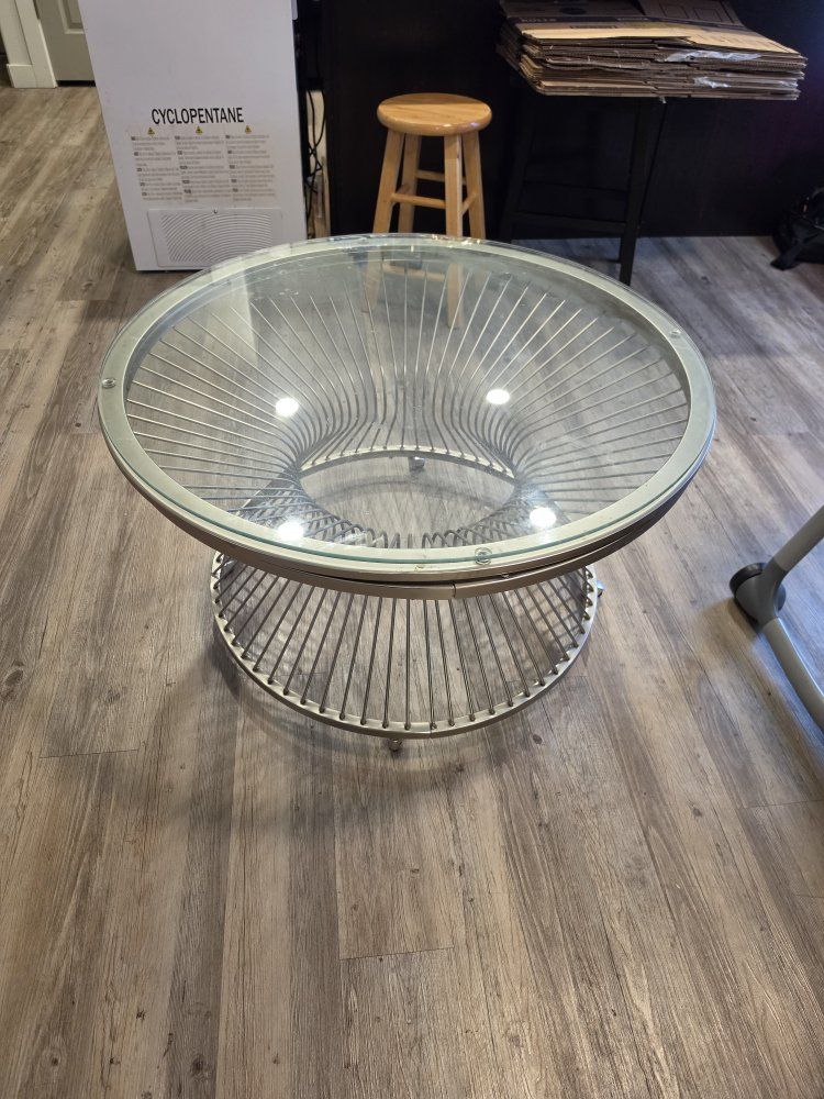 Modern Round Glass Top Coffee Table with Metal Wire Base and Casters