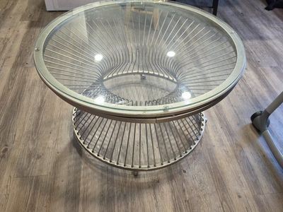 Modern Round Glass Top Coffee Table with Metal Wire Base and Casters