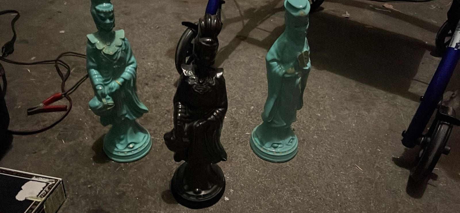Set of 3 Vintage Ceramic Figurines - Turquoise and Dark Brown Asian Statues