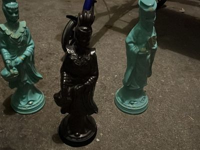 Set of 3 Vintage Ceramic Figurines - Turquoise and Dark Brown Asian Statues