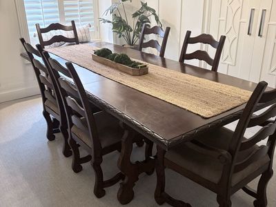 Used Dining Room Set: Dark Wood Table + 6 Chairs (2 Armchairs, 4 Side Chairs)