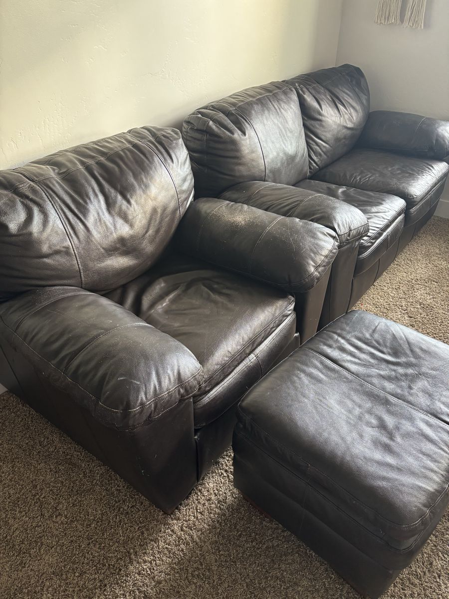 Brown Leather Loveseat, Armchair, and Ottoman Set - Comfortable Seating