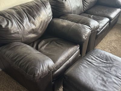 Brown Leather Loveseat, Armchair, and Ottoman Set - Comfortable Seating