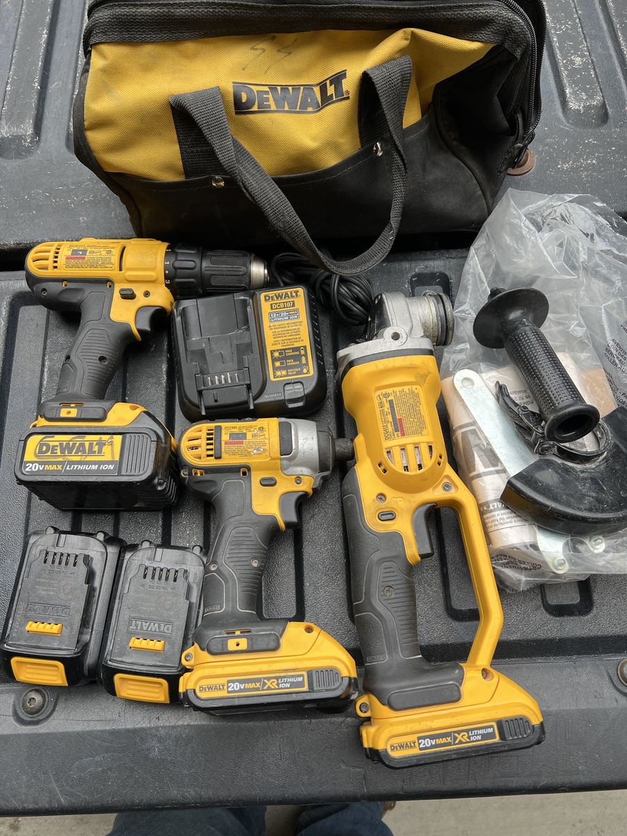 DEWALT 20V MAX Cordless Power Tool Set - Drill, Impact Driver, Grinder, Batteries, Charger & Bag