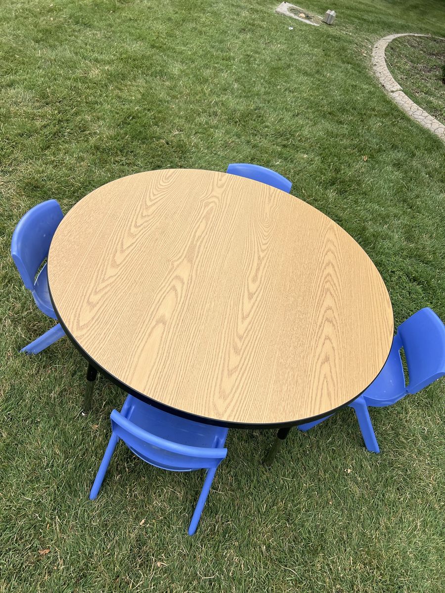 Round Kids Table & 4 Blue Chairs Set - Adjustable Height